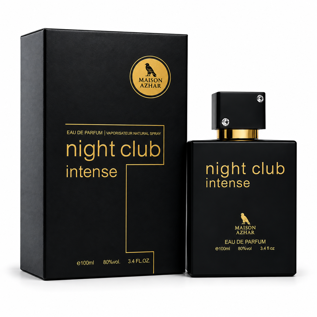 Perfume EDP MAISON AZHAR Night Club Intense: frasco negro con tapa plateada y caja