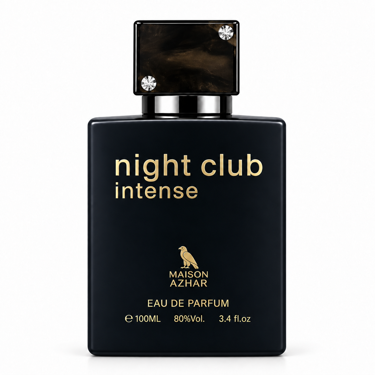 Frasco de perfume EDP MAISON AZHAR Night Club Intense, vidrio negro y tapa plateada