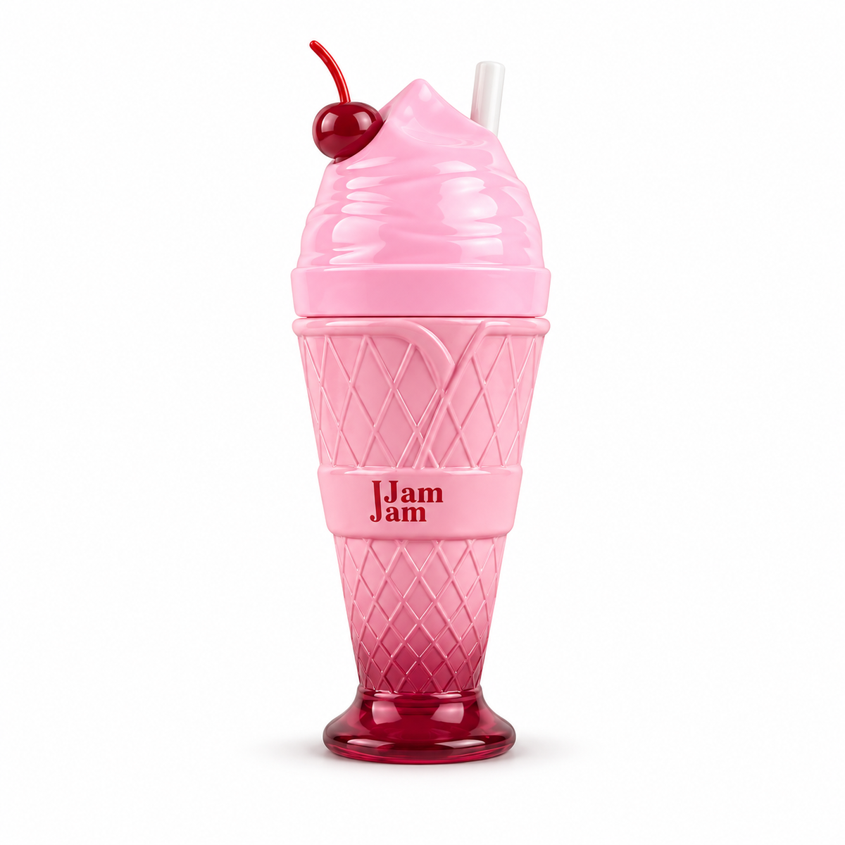 Perfume EDP Jam Jam en frasco con forma de helado rosa y tapa blanca.