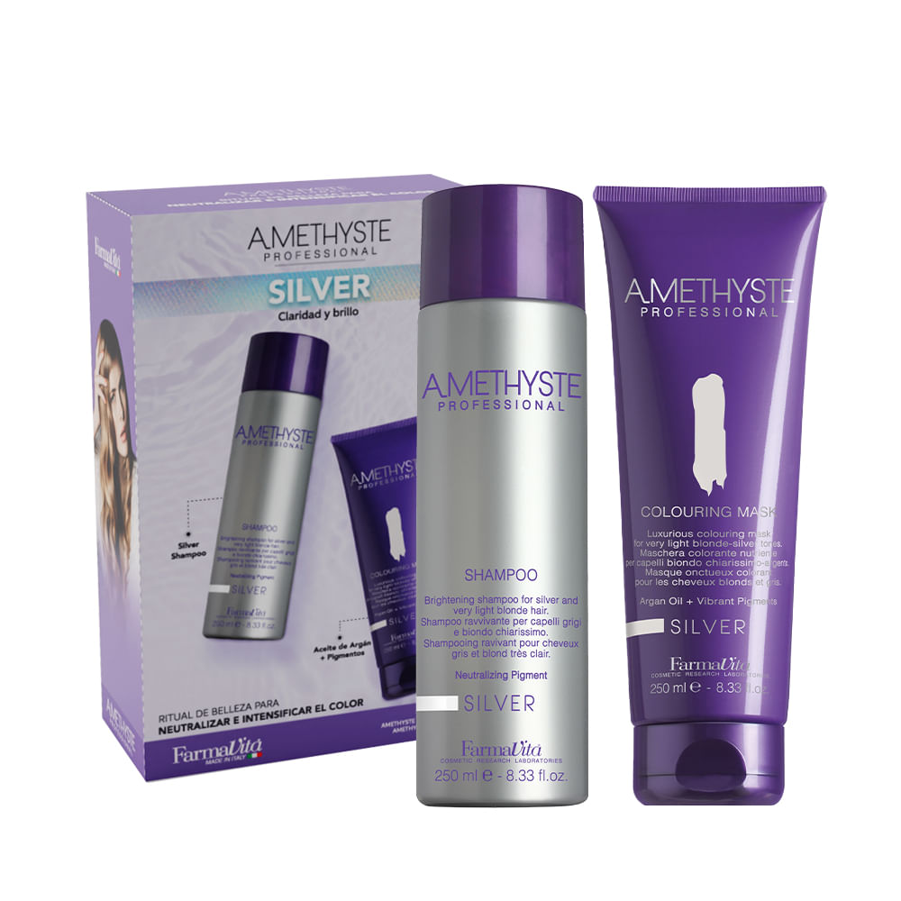 Pack Shampoo Amethyste Silver 250 ml + Mascara Colorante Amethyste Silver para cabello gris y rubio clarísimo 250 ml