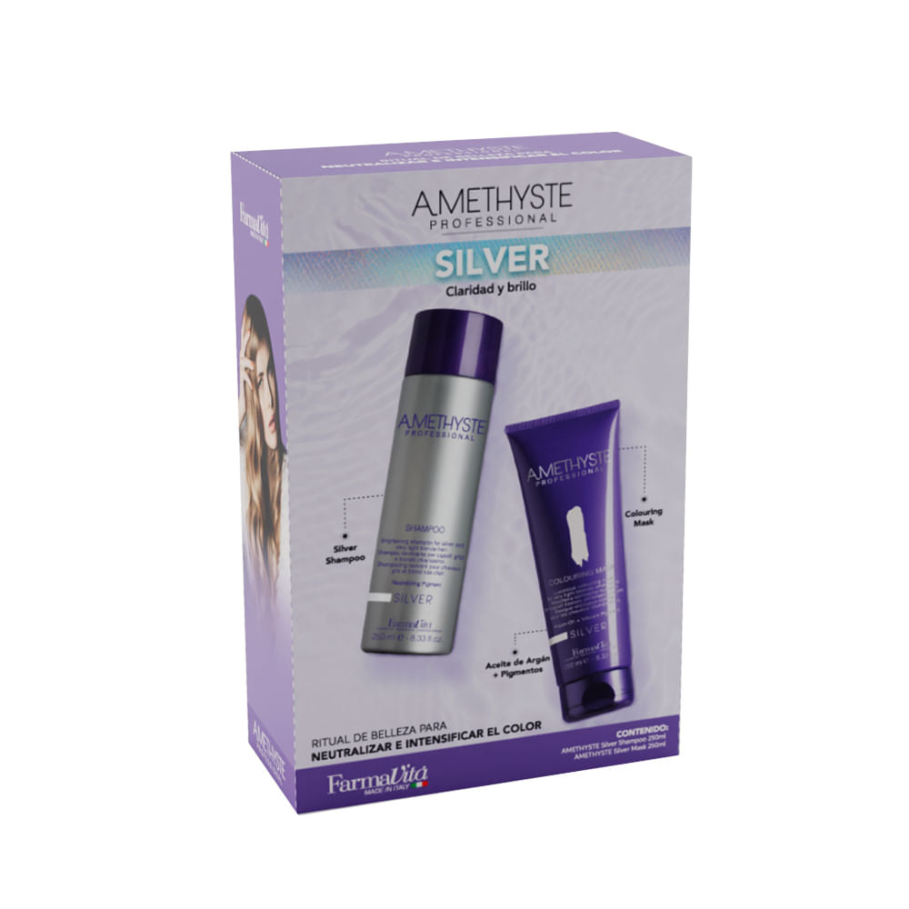 Pack Shampoo Amethyste Silver 250 ml + Mascara Colorante Amethyste Silver para cabello gris y rubio clarísimo 250 ml
