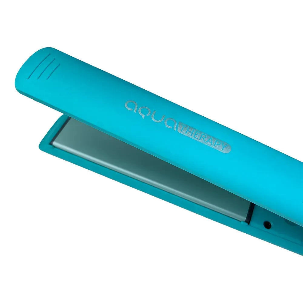 Alisador Gama Aqua Therapy turquesa con placas lisas y logotipo en la tapa