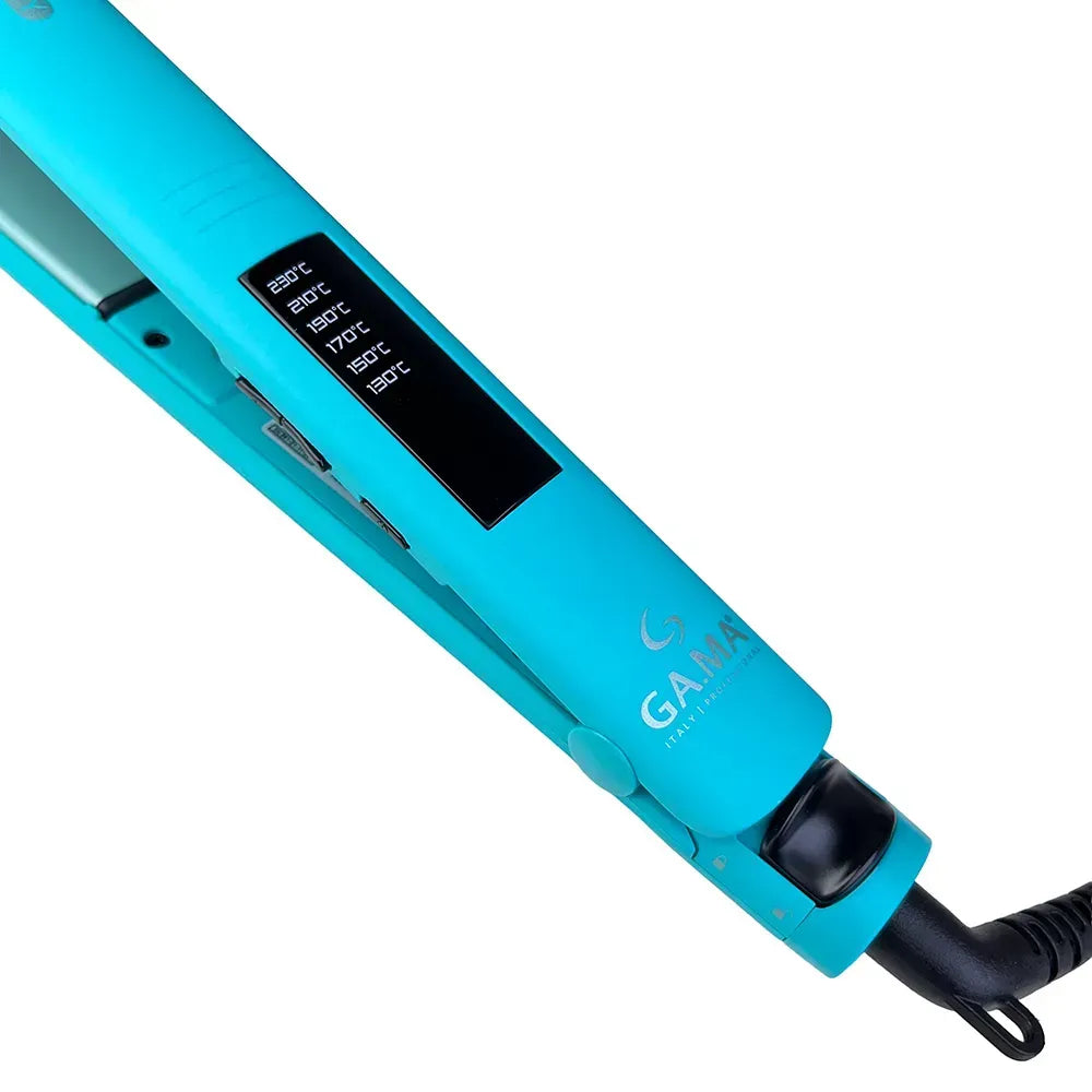 Alisador Gama Aqua Therapy turquesa con pantalla y botones en el lateral