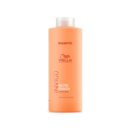 Botella de champú Wella color naranja, tapa blanca, etiqueta Nutri-Enrich