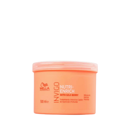 Máscara nutritiva Wella Invigo en frasco de 500 ml, color naranja, tapa transparente.