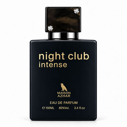 Frasco de perfume EDP MAISON AZHAR Night Club Intense, vidrio negro y tapa plateada