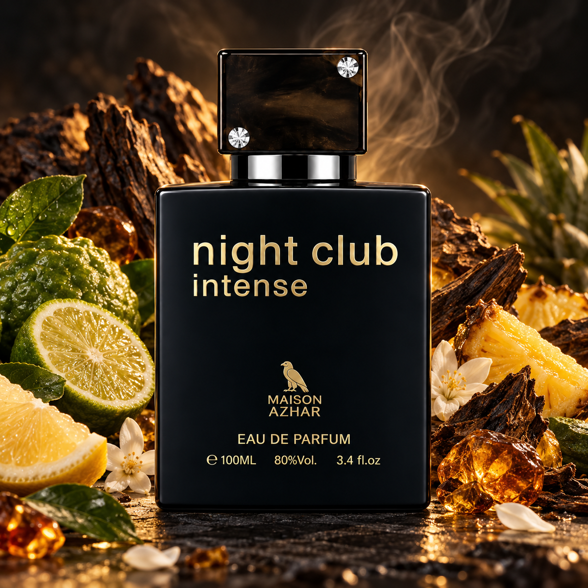 Botella de perfume EDP MAISON AZHAR Night Club Intense, frasco negro y tapa plateada
