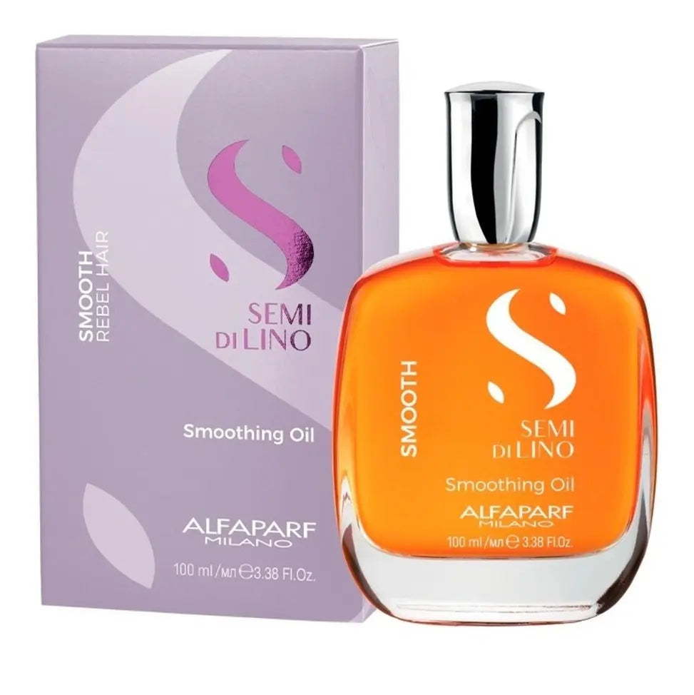 Aceite suavizante para cabello semifino en frasco anaranjado con tapa metálica y caja