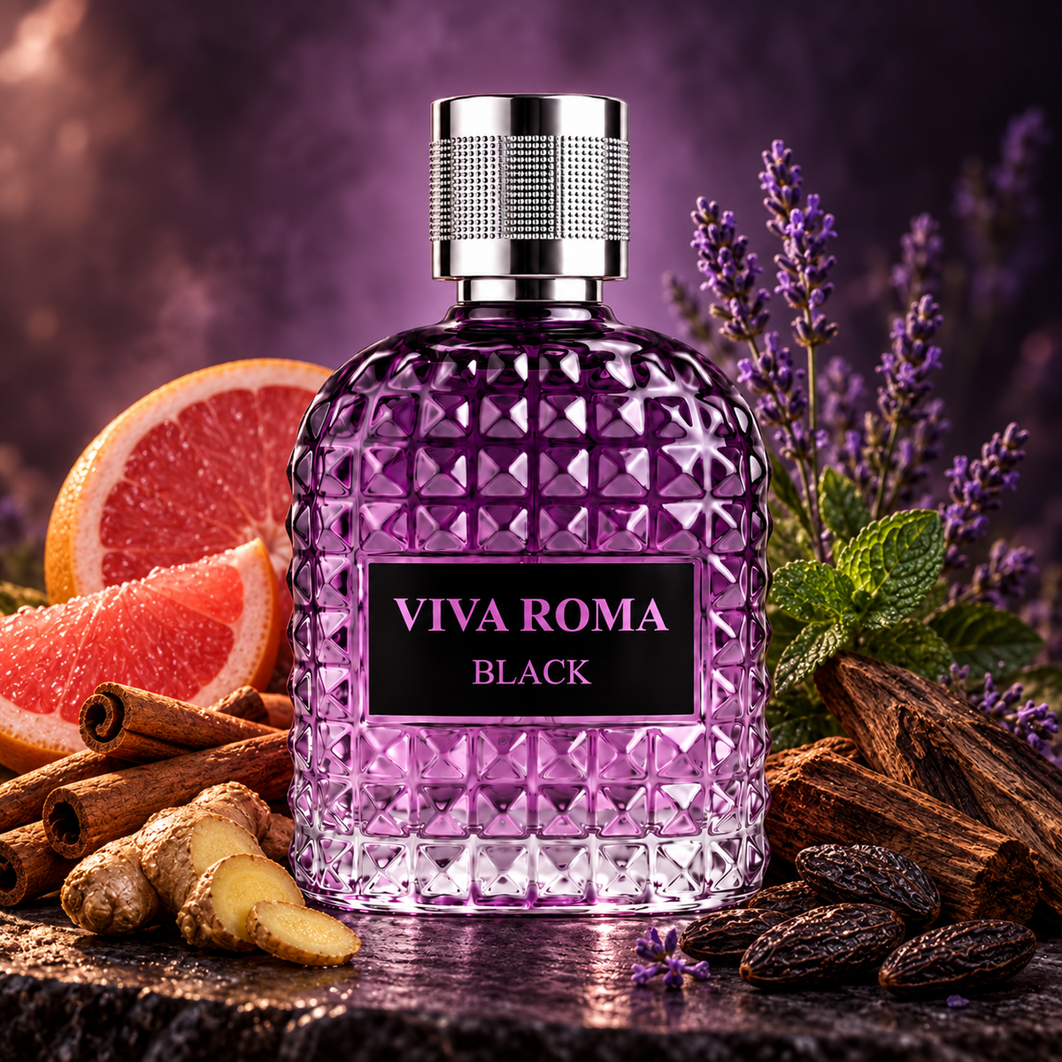 Frasco de perfume unisex MAISON AZHAR VIVA ROMA BLACK, botella morada facetada y tapa plateada
