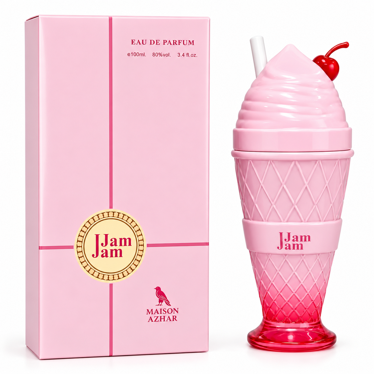 Perfume EDP Jam Jam y caja rosa; frasco helado rosa con cereza roja.