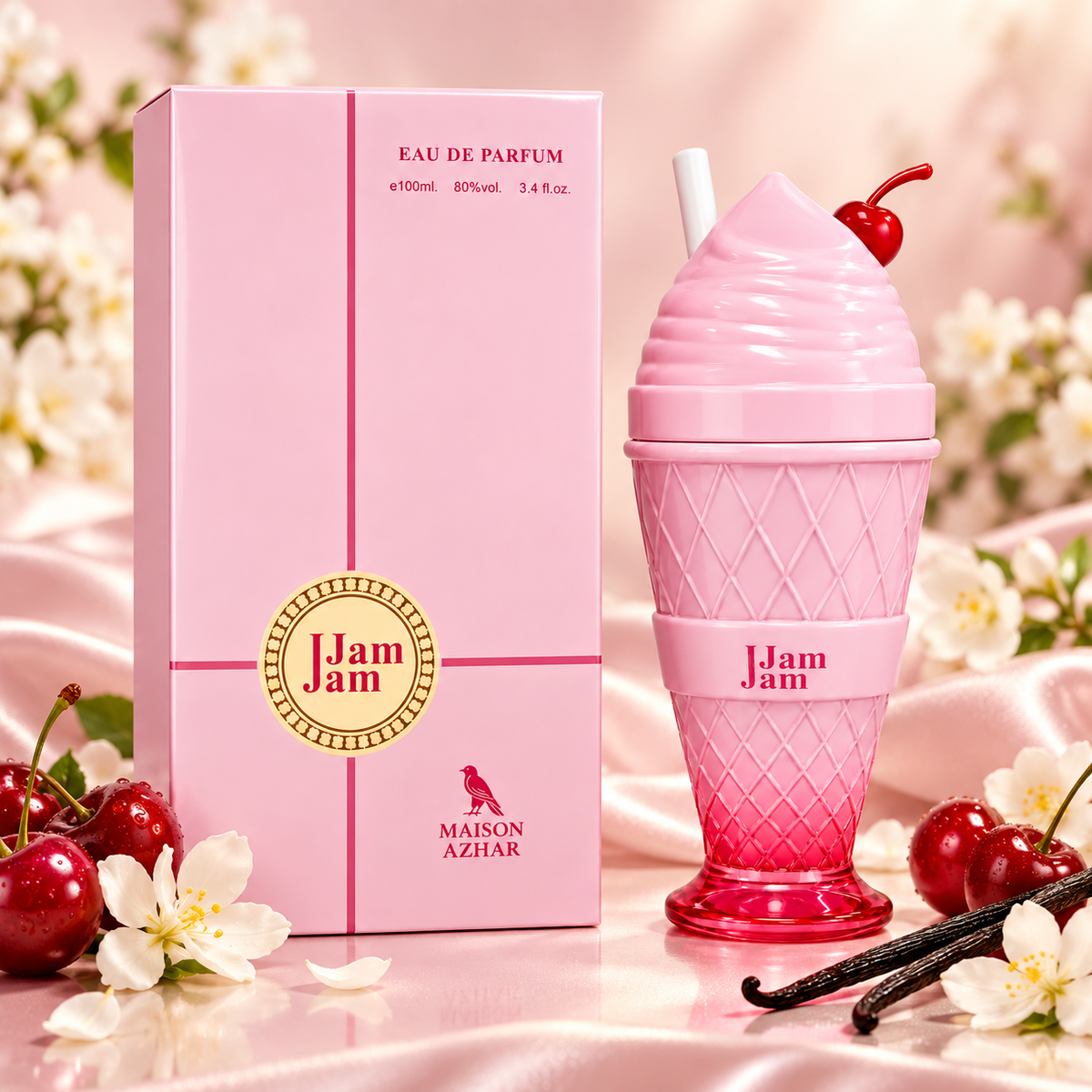 Perfume EDP Jam Jam en frasco rosa con forma de helado y caja a juego.