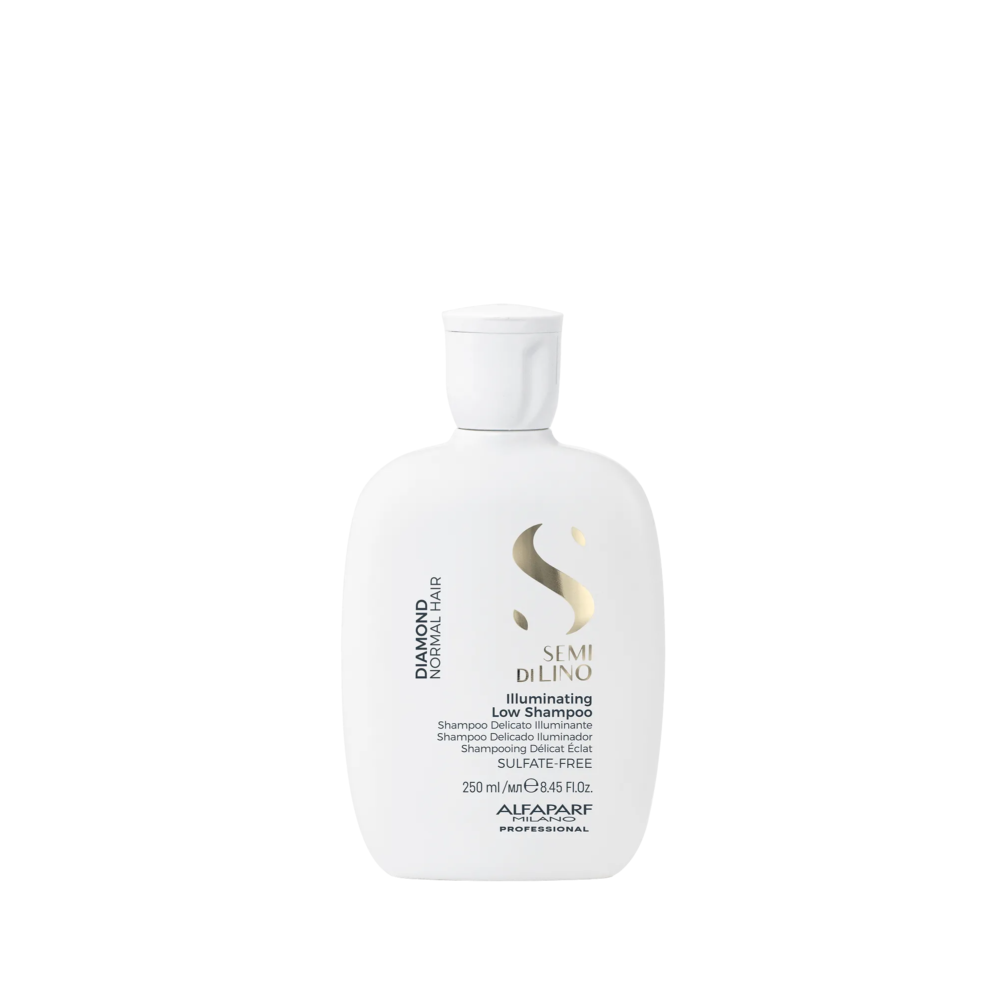 Botella de shampoo Semi di Lino Diamond, 250 ml, tapa blanca.