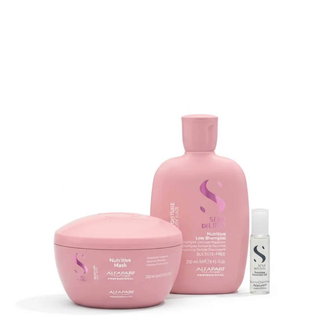 Set de cuidado capilar: mascarilla y champú hidratante rosa con frasco pequeño