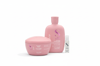 Composición de tres productos Semi Di Lino Moisture sobre fondo blanco