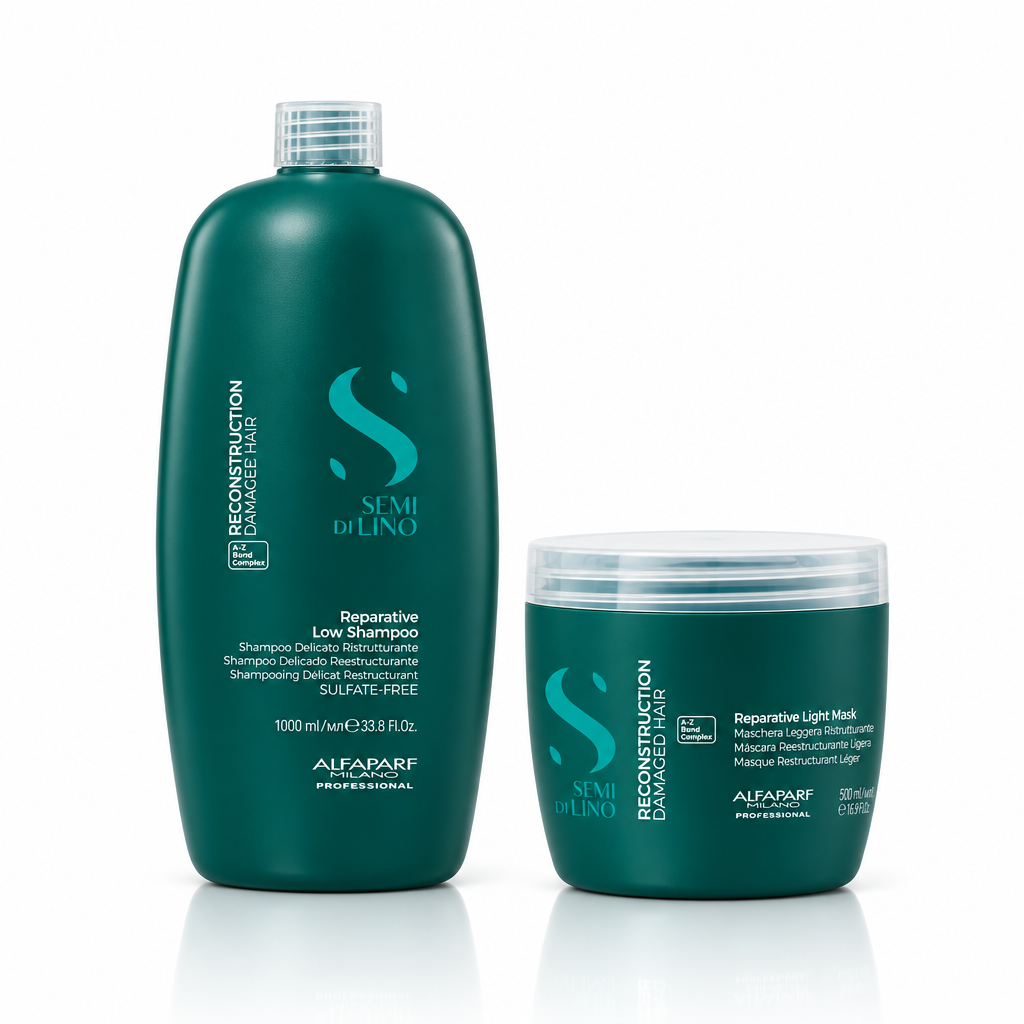 Pack de champú y mascarilla capilar Semi di Lino: botella verde y tarro