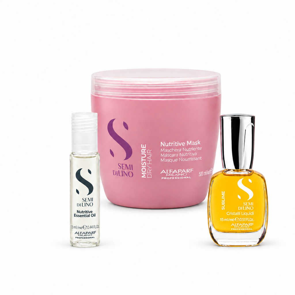Pack de tratamiento capilar Alfaparf: tarro rosado, ampolla y aceite ámbar con tapa dorada.