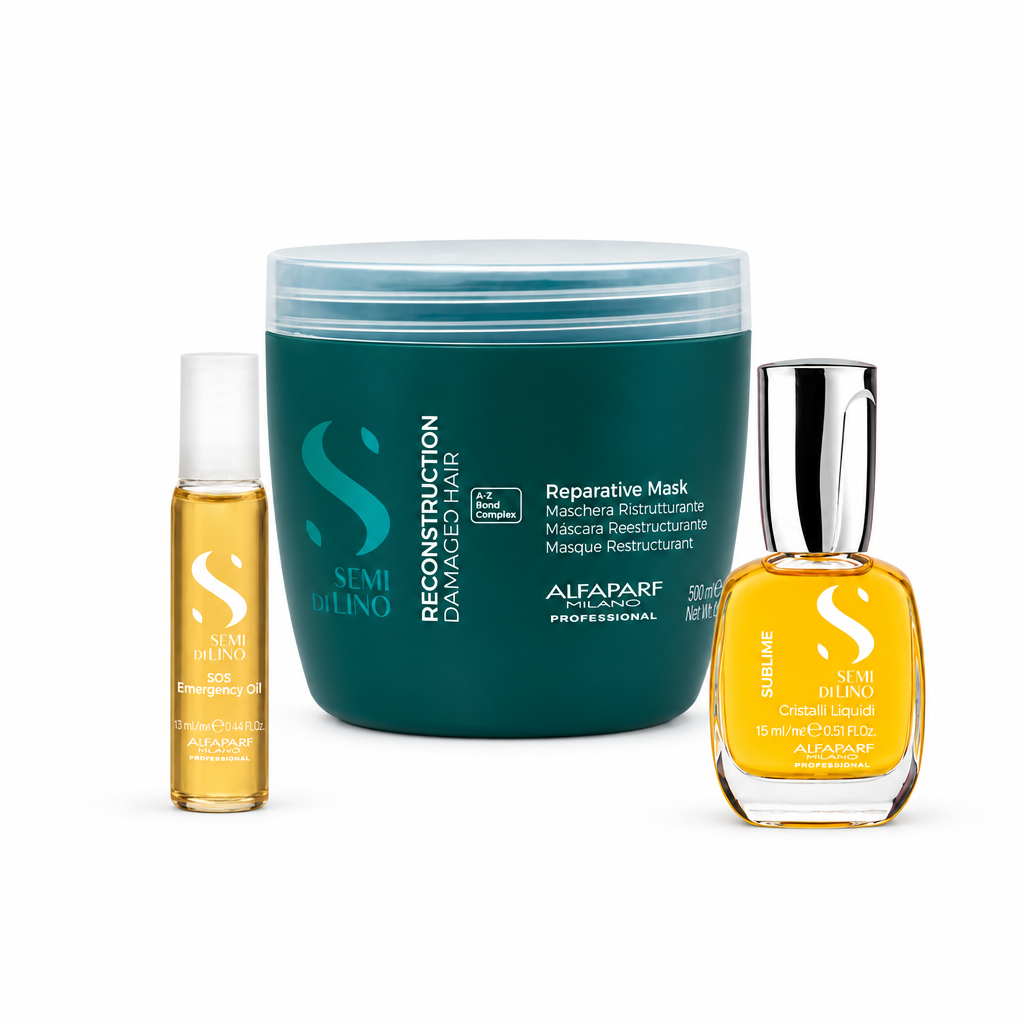Pack de tratamiento capilar Alfaparf con mascarilla verde, sérum dorado y gotero