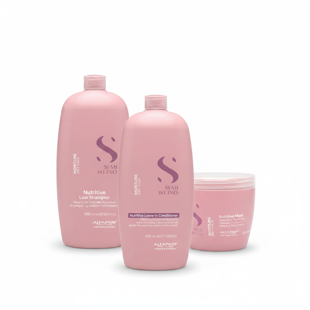 Pack de champú, acondicionador y mascarilla Alfaparf Semi di Lino, botellas y tarro rosa