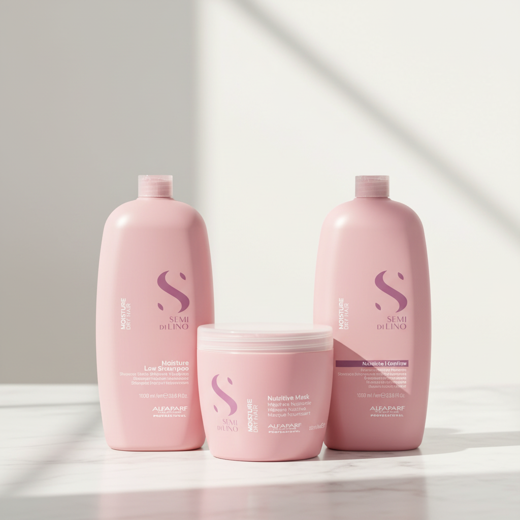 Pack de cuidado capilar Alfaparf Semi di Lino: champú, acondicionador y mascarilla en envases rosa