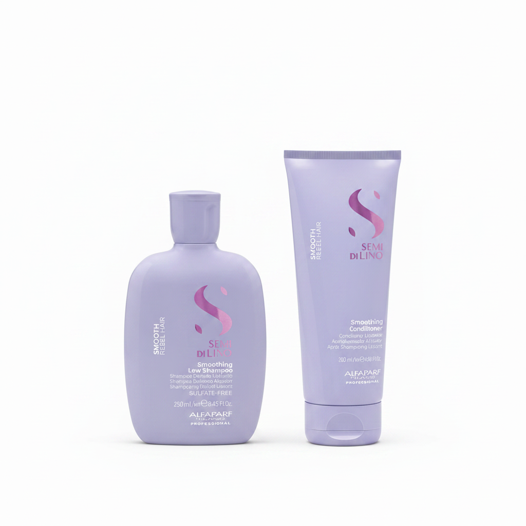 Pack de champú y acondicionador alisadores Semi Di Lino Alfaparf, botellas moradas