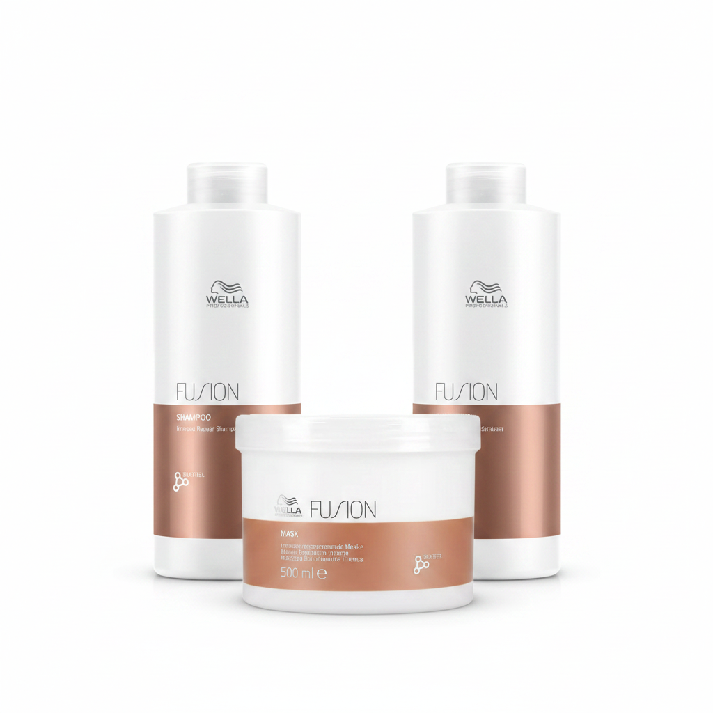 Pack Wella Fusion: 2 botellas de champú 1 L y 1 mascarilla 500 ml, envases blancos